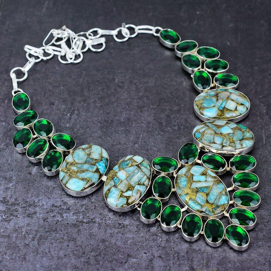 Copper Amazonite, Diopside Gemstone 925 Sterling Silver Gift Necklace 18"