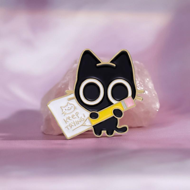 Cute Cartoon Black Cat Enamel Brooch With Pen Design For Stylish Accessory Lovers