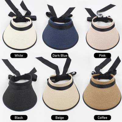 Women Sun Visor Hat Adjustable Wide Brim Bowknot Straw Hat Beach Hat
