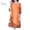Retro Print Dress Women Summer Three Quarter Sleeves Loose Parrot Ice Printed Silk Knee Length Pullover Party Commute Office Midi O Neck