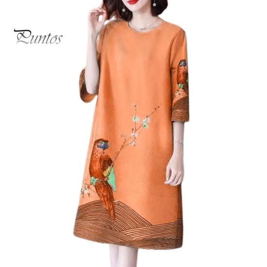 Retro Print Dress Women Summer Three Quarter Sleeves Loose Parrot Ice Printed Silk Knee Length Pullover Party Commute Office Midi O Neck