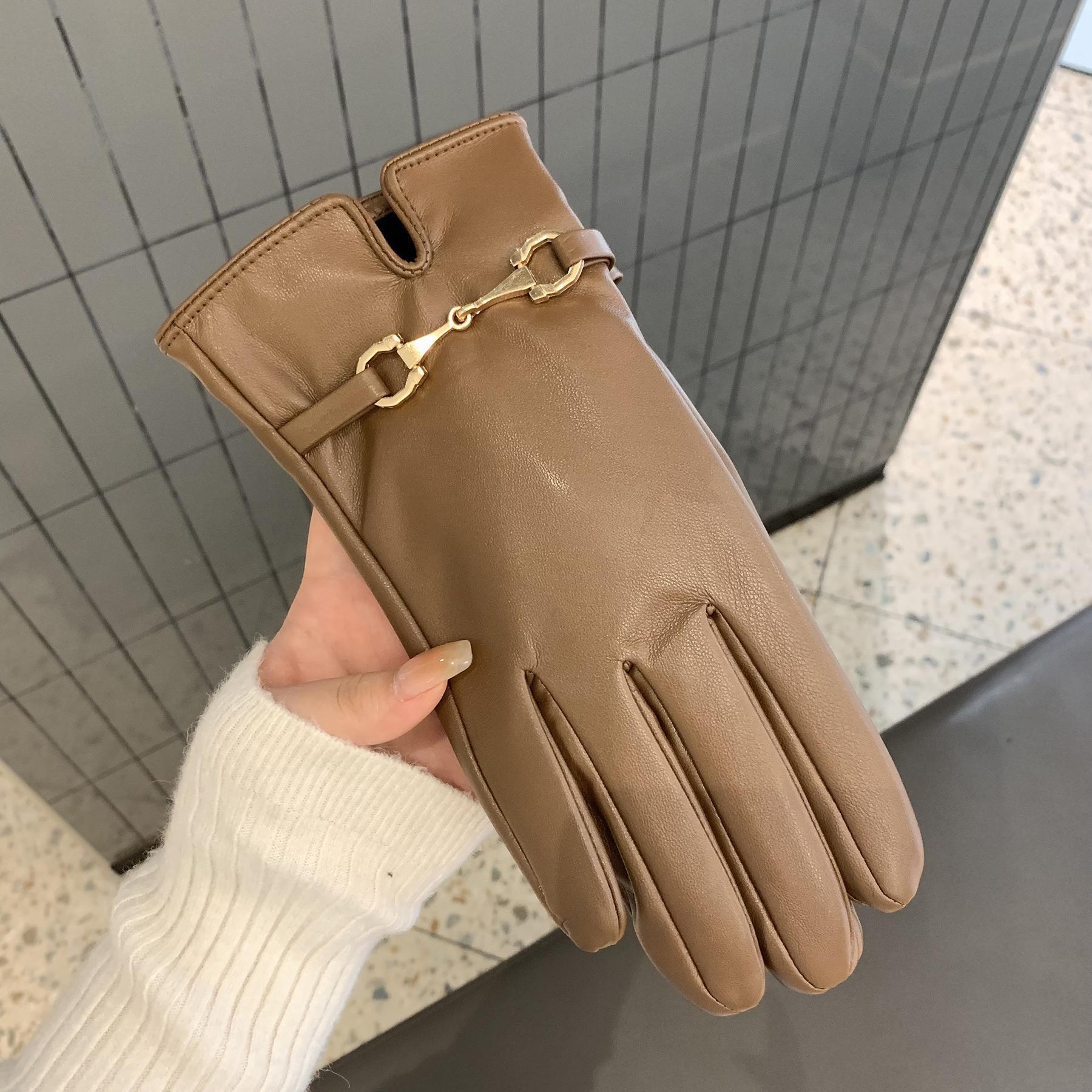 

Женские зимние кожаные мотоциклетные перчатки с сенсорным экраном — теплые, толстые, с бархатной подкладкой, с пятью пальцами One Size