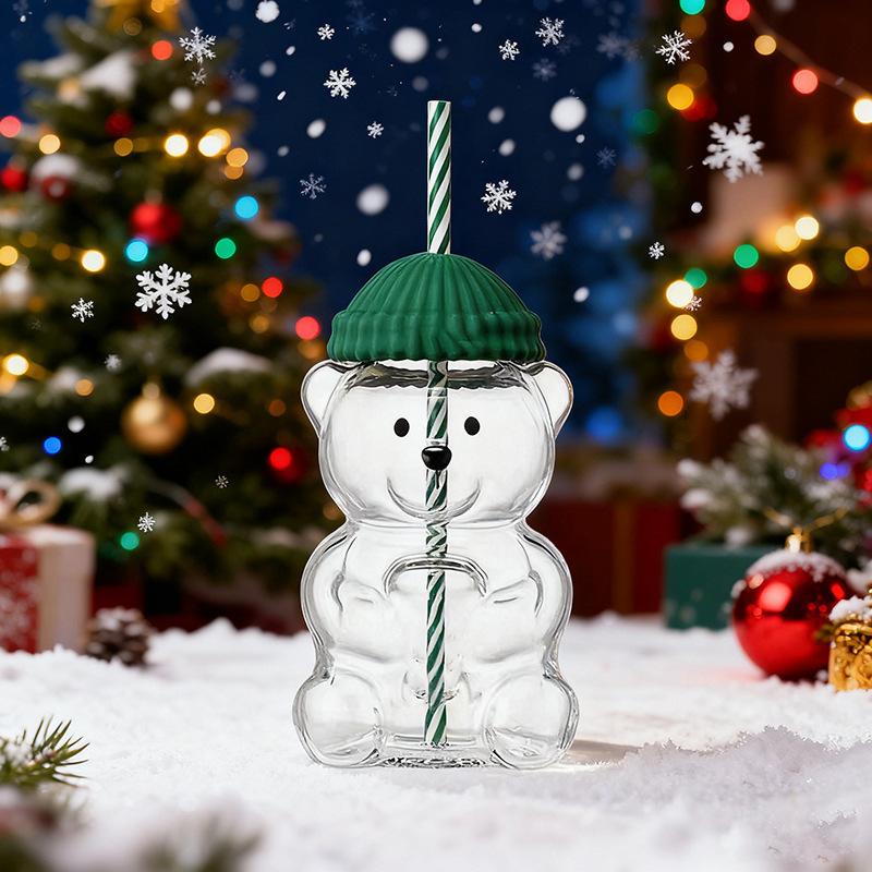 Cartoon-Bär Kaffeetasse Transparente Borosilikat Kälte- und Hitzebeständige Glas Kreative Weihnachts-Strohhalmbecher