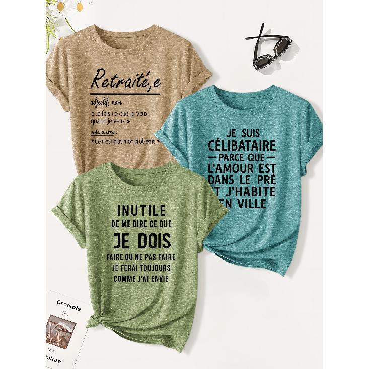 3 Pack of women's summer tops | French Retirement Humor Print T Shirt | Cute and trendy casual round-neck short-sleeve suit | 2026 Summer vintage