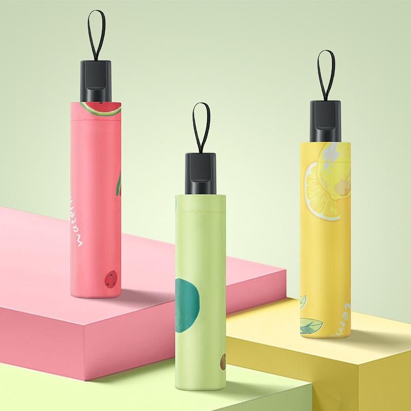 Summer Fresh Fruit Pattern Dual-Use Three-Fold Umbrella for Sun and Rain, Black Glue Design