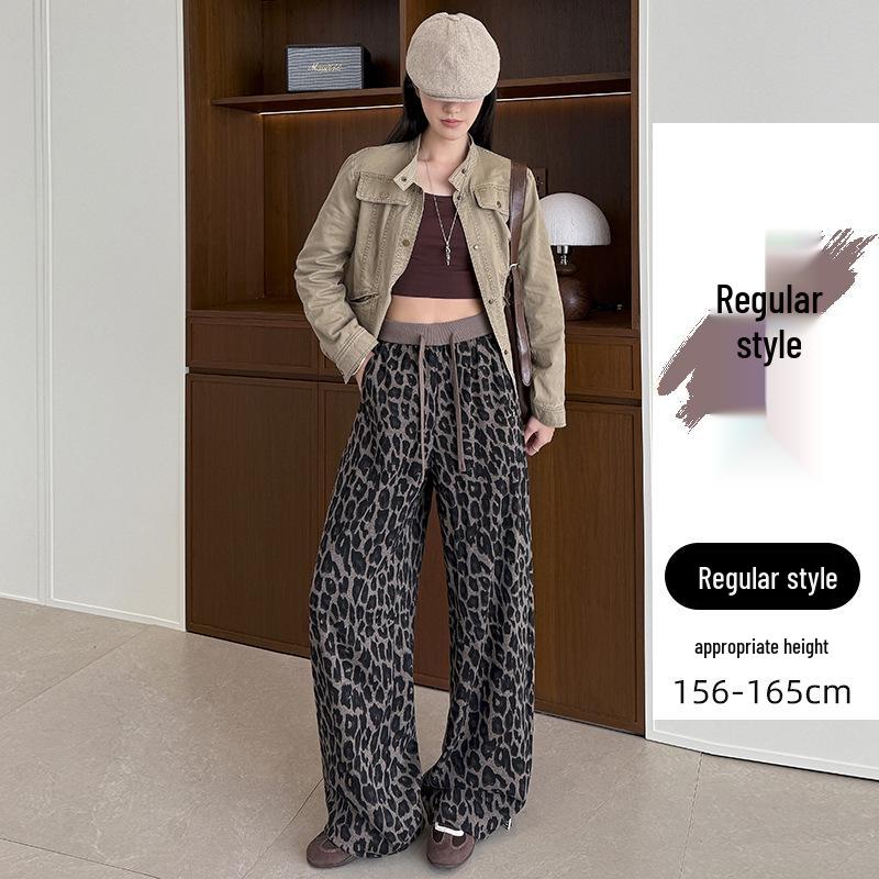 Retro Leopard Print Casual Women s Wide-Leg Pants, Spring 2026 New Style, Convertible Cuff Design Large