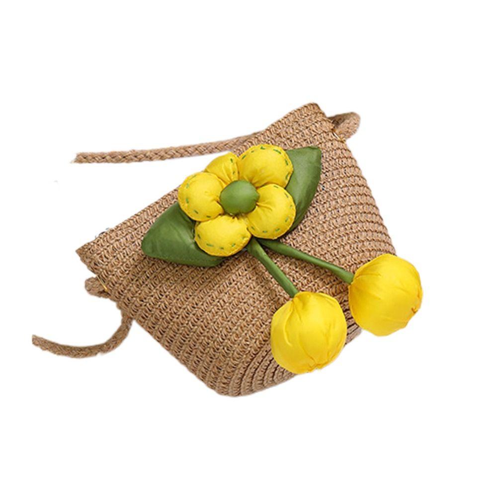Girl Handmade Woven Straw Bag Summer Coin Purse Flower Storage Basket Zipper Photo Props Crossbody Handbag