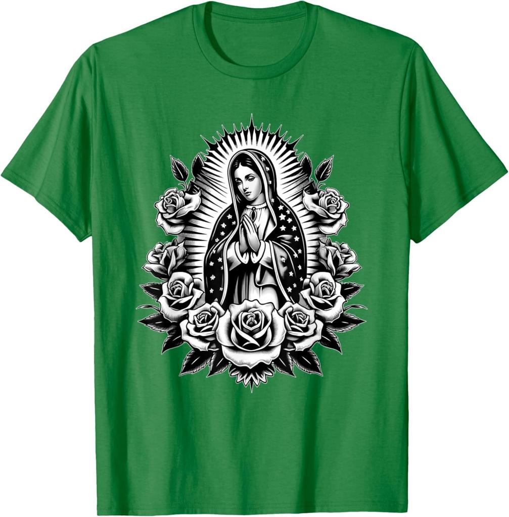 Virgin Mary Guadalupe Roses Graphic T-Shirt Religious Catholic Virginita Floral Print Tee Men Casual