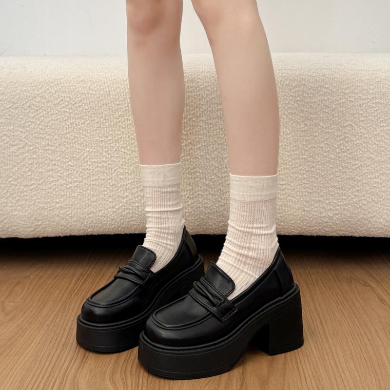 2026 New Spring Women Chunky Loafers Shoes Concise Thick Heel Shoes College Style Female Slip On Leather Single Shoes