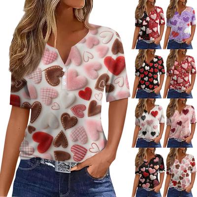 Women's Fashion Casual V,Neck Short,Sleeve T,Shirt With Decorative Buttons And Valentine's Day Print Top