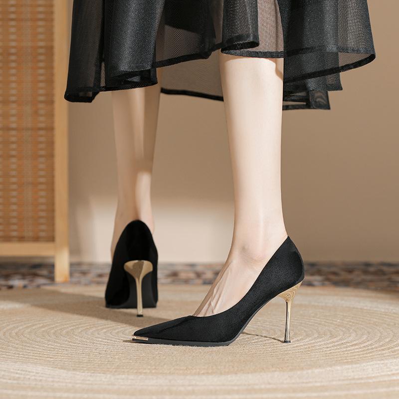 Nai Pai French Single Shoes Black Pointed High Heels Women's Stiletto Spring 2025 New Professional Metal Decoration