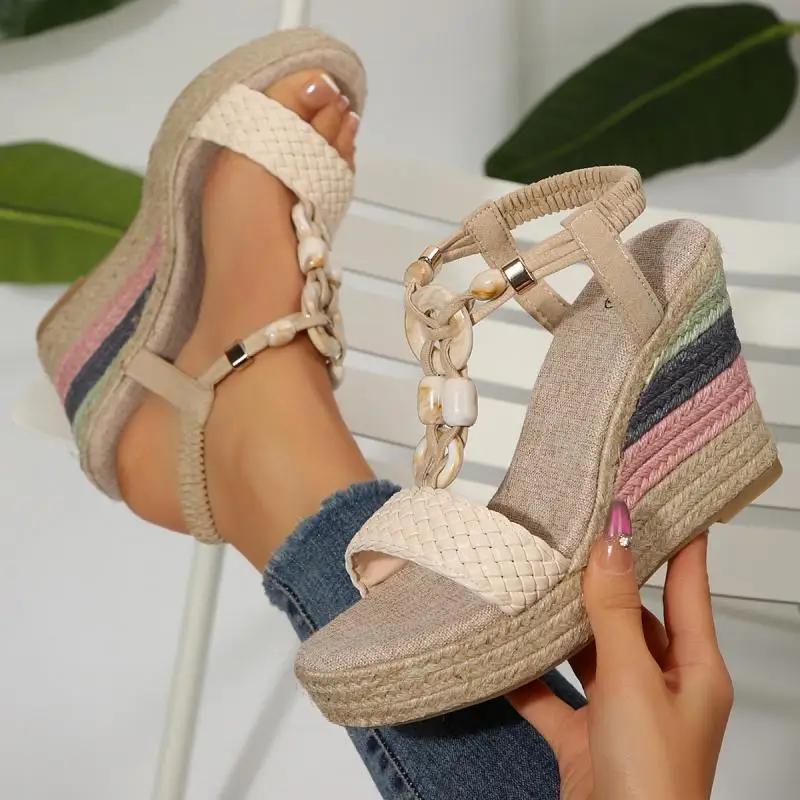Bohemia Woven Strap Button Bead Decoration Sandals Women 2025 Summer Chunky Platform Wedge Heel Shoes Casual Hemp Sole Sandals