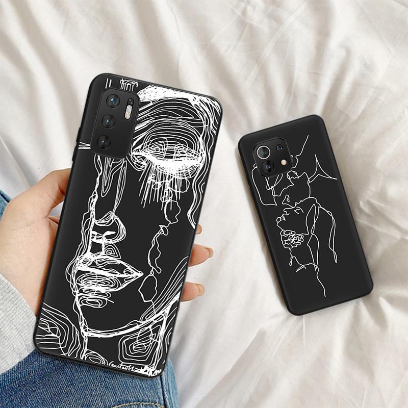 Phone Case For Xiaomi Redmi Note 11 9 10 Pro Max 5G 8T 9T 9s 7 8A 9C 7a 9A 8 Abstract Line Drawing Kiss Body Face Art Soft Cover