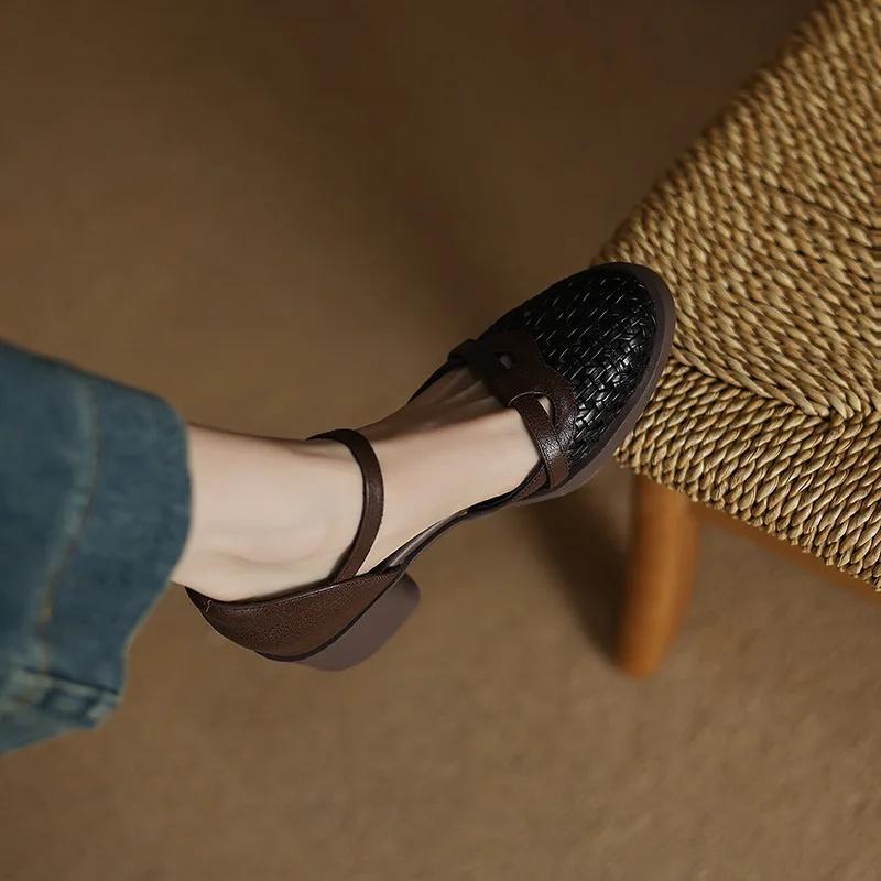 

Женские сандалии на толстом каблуке из натуральной кожи, летние туфли-клетка с прорезями, с узлом и люверсами, в римском стиле, с круглым носком, повседневные, с EVA-стелькой и резиновой подошвой 40 черный коричневый