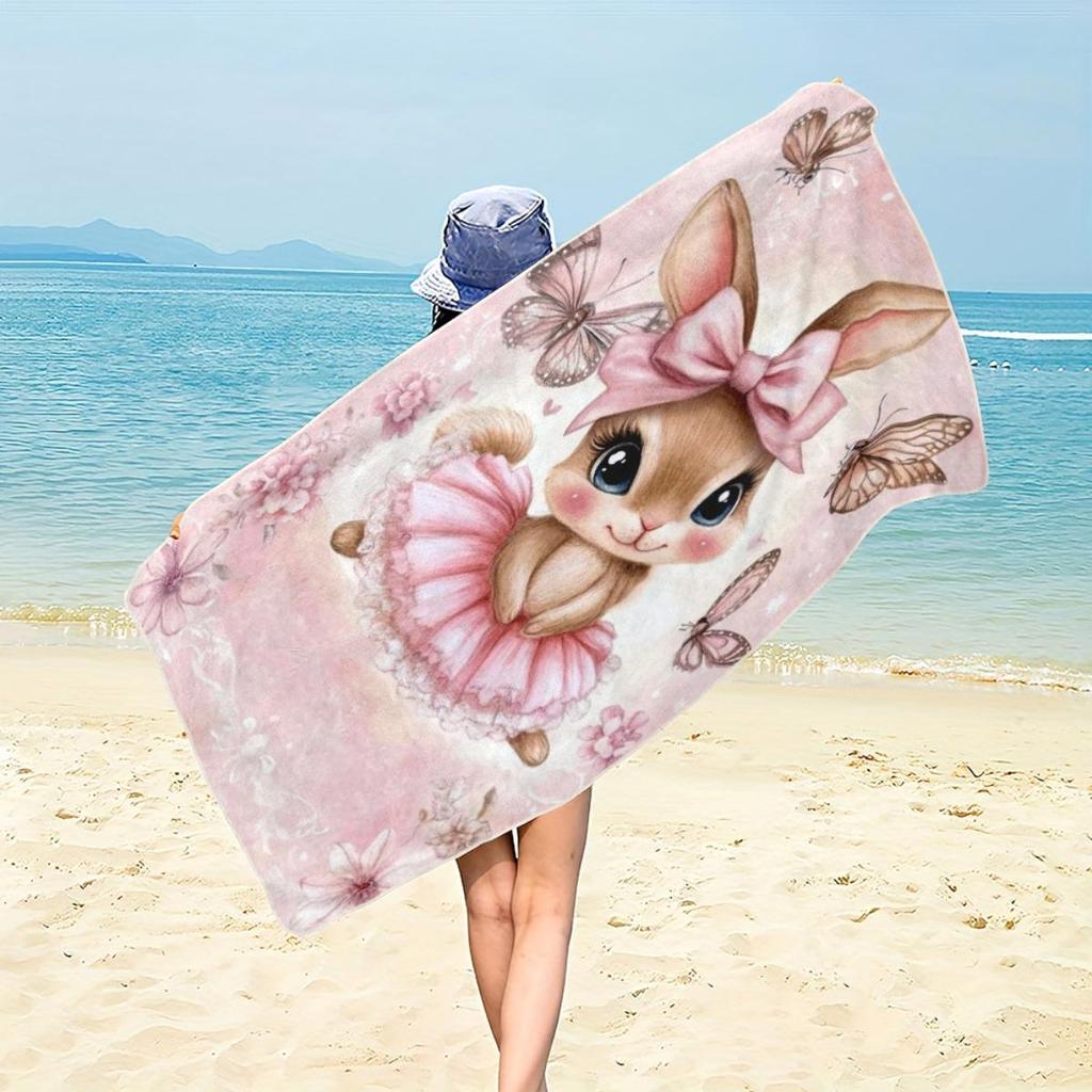 1pc Sweet Rabbit 2D Flat Beach Towel, Ideal for Beach Party Travel Camping, Essential Summer Beach Accessory