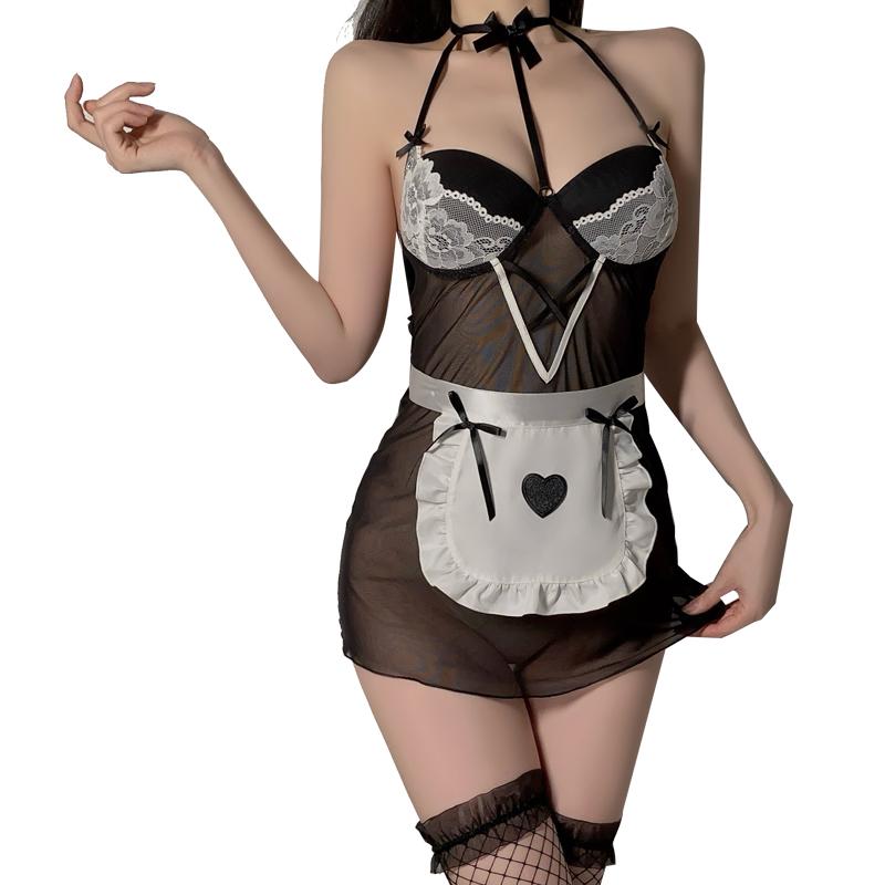 Women Sexy Role Play Maid Uniform Erotic Backless Lingerie Porn Perspective Cosplay Clothing Sex Costumes (Excluding Stockings)