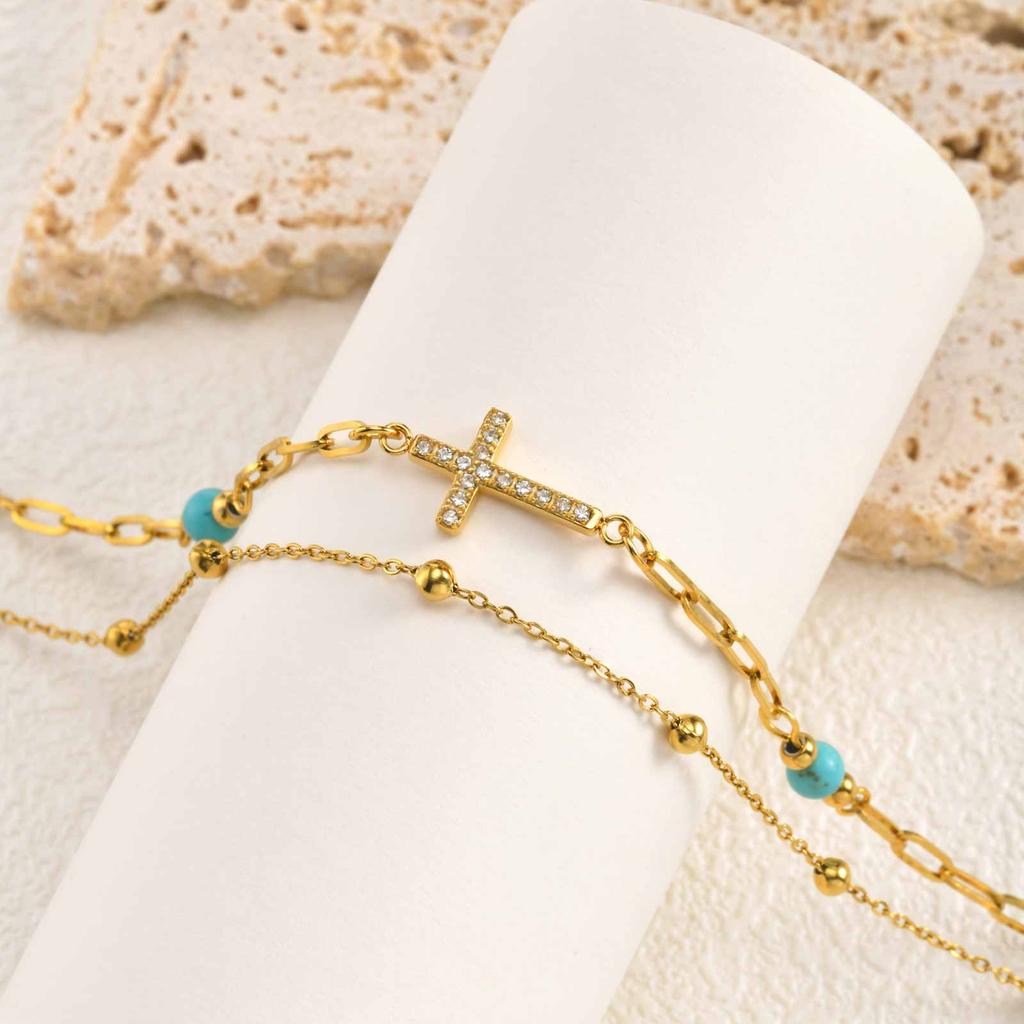Türkisfarbener Knöchelkettchen, Doppellagige Fußkette mit Kreuz aus Edelstahl, Sommer Strand Schmuck für Damen Anlaufgeschützt Ästhetischer Schmuck