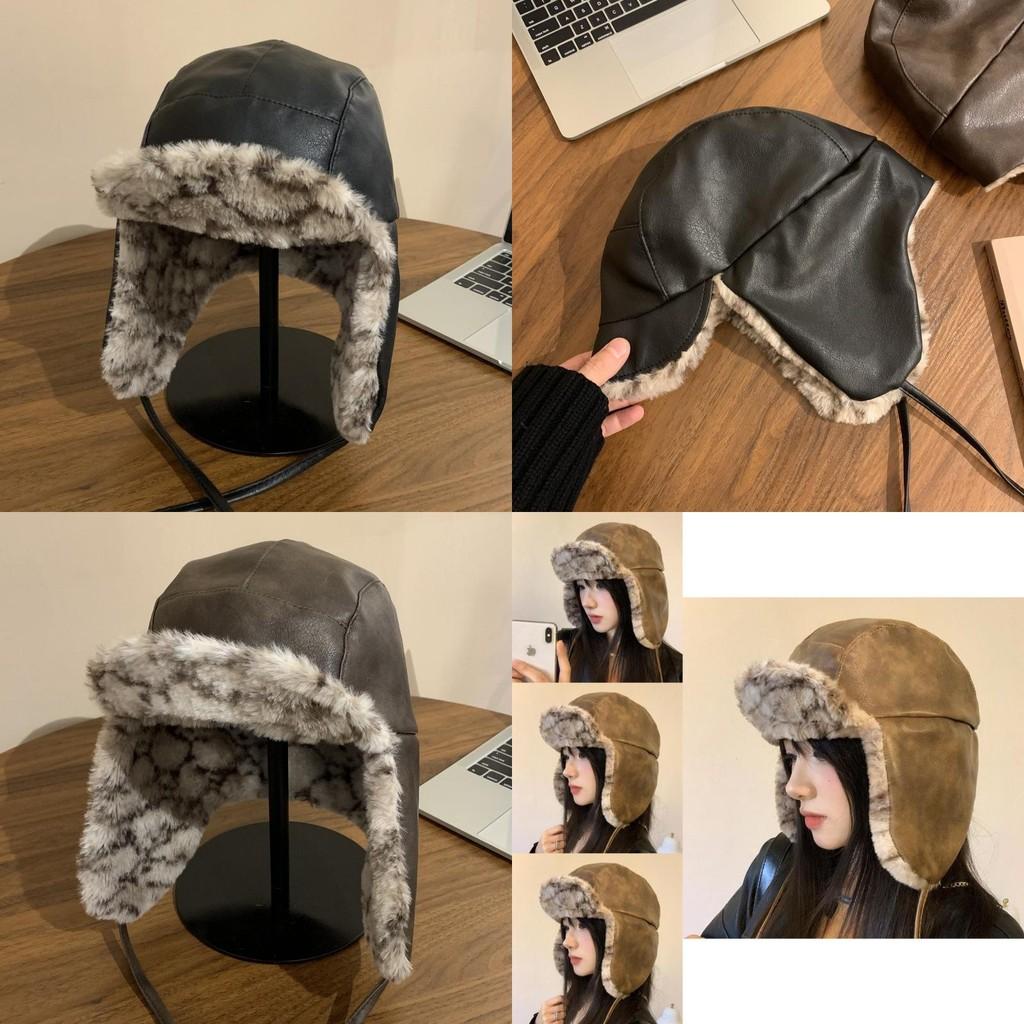 Cozy And Stylish Gray Brown Pu Leather Fleece Lined Women's Winter Russian Hat