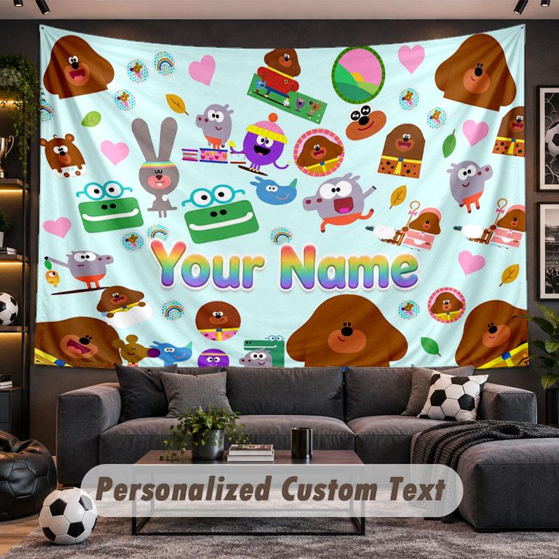 Wall Hanging Tapestry Custom NameHey Duggee Pattern Personalized Printed Fabric Wall Decor