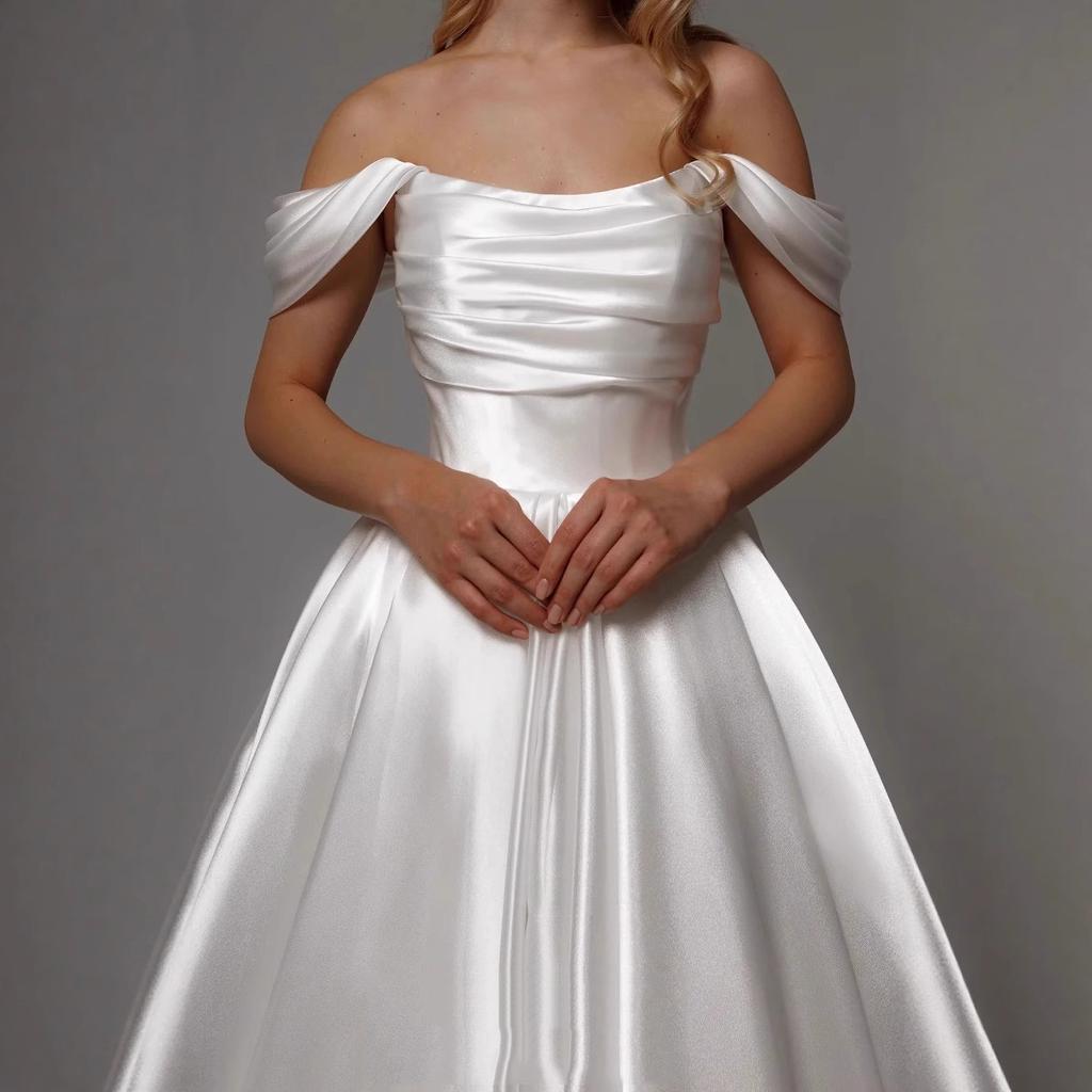 Dress Simple Temperament Spring and Autumn New One-word Shoulder Sleeveless Thin Advanced Texture Light Luxury Main Wedding Dress Medium and Long