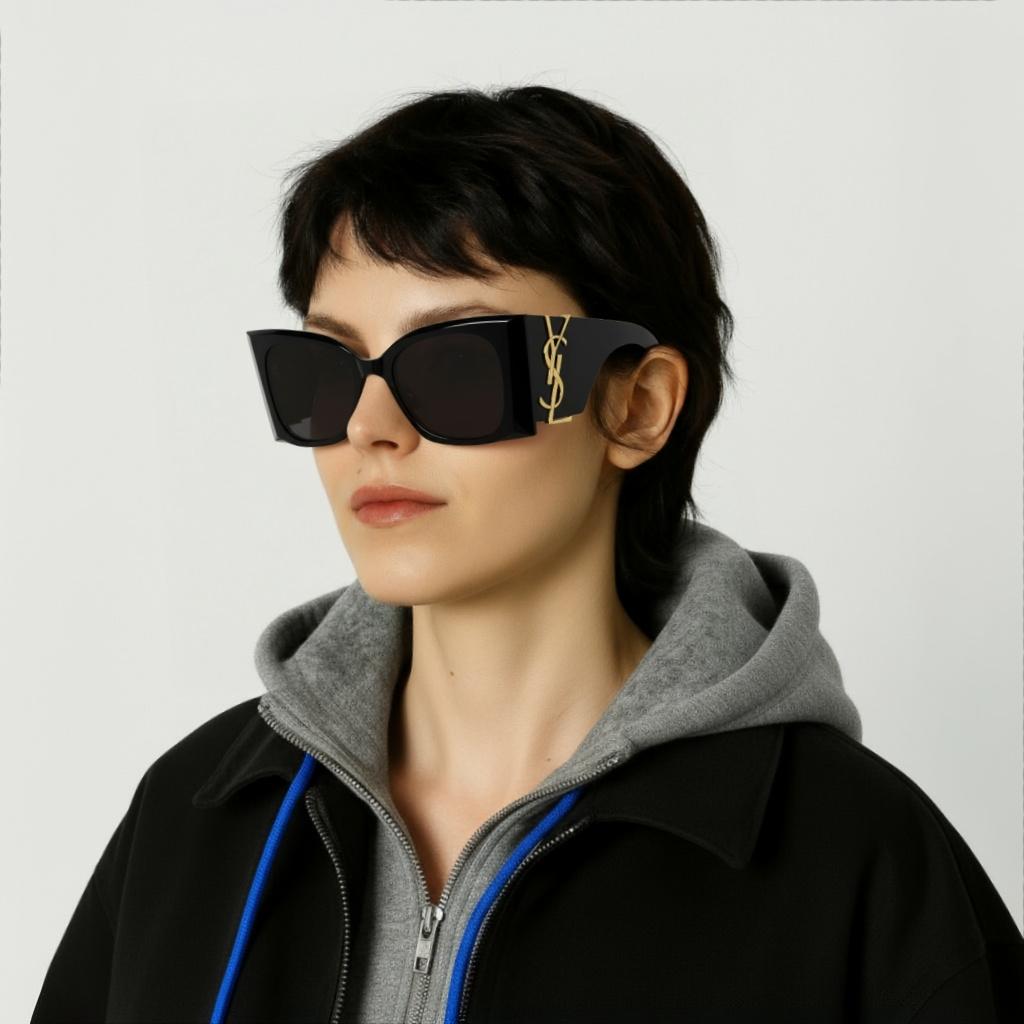 Saint Laurent Buchstabenlogo Metallnasenpads Unregelmäßiges Gestell Sonnenbrille Damen Sonnenbrille Schwarz SLM119F-BLAZE001