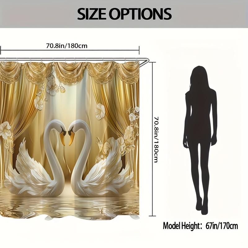 1/4 Stück Badezimmer Duschvorhang Set Golden 3D Schwan Druck Badezimmer Vorhang Mit 12 Haken Rutschfeste Teppiche WC-Deckel Matte Badezimmer Trennwand