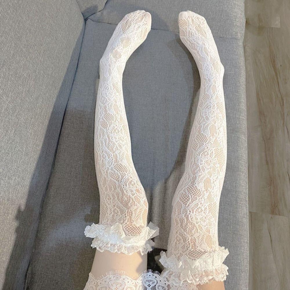 2Pairs Mesh Lace Flower Stockings Nylon High Tube Long Socks Sweet Transparent Stockings Summer