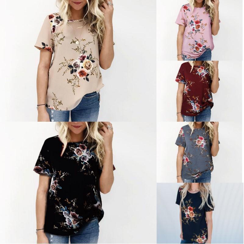 Available: Spring/Summer 2026 Women's Casual Chiffon Short Sleeve Round Neck Printed Top - 7 Colors, 6 Sizes