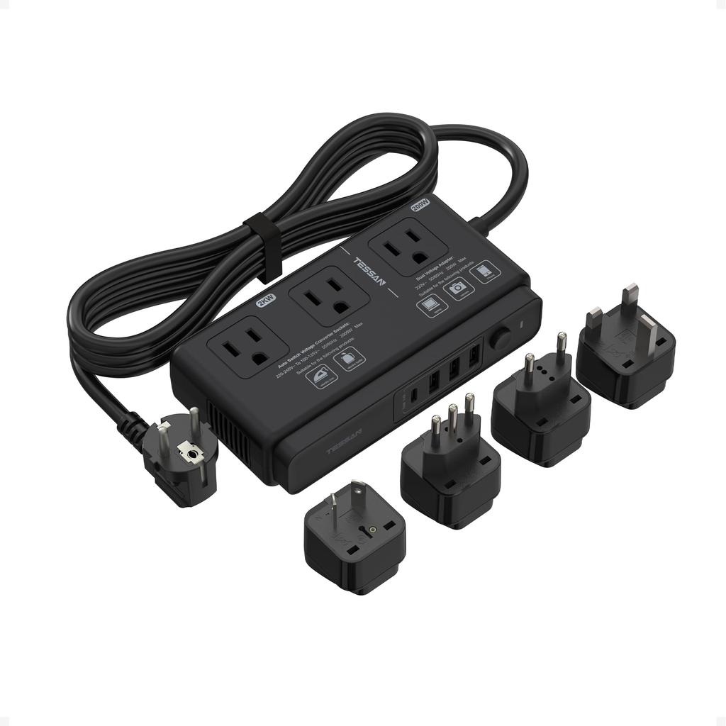 TESSAN 220V to 100V Transformer for International 4 USB Ports USB and with Extension for and More Travel, (1 C), C, BF, O, L, SE, More, Cord, Black,