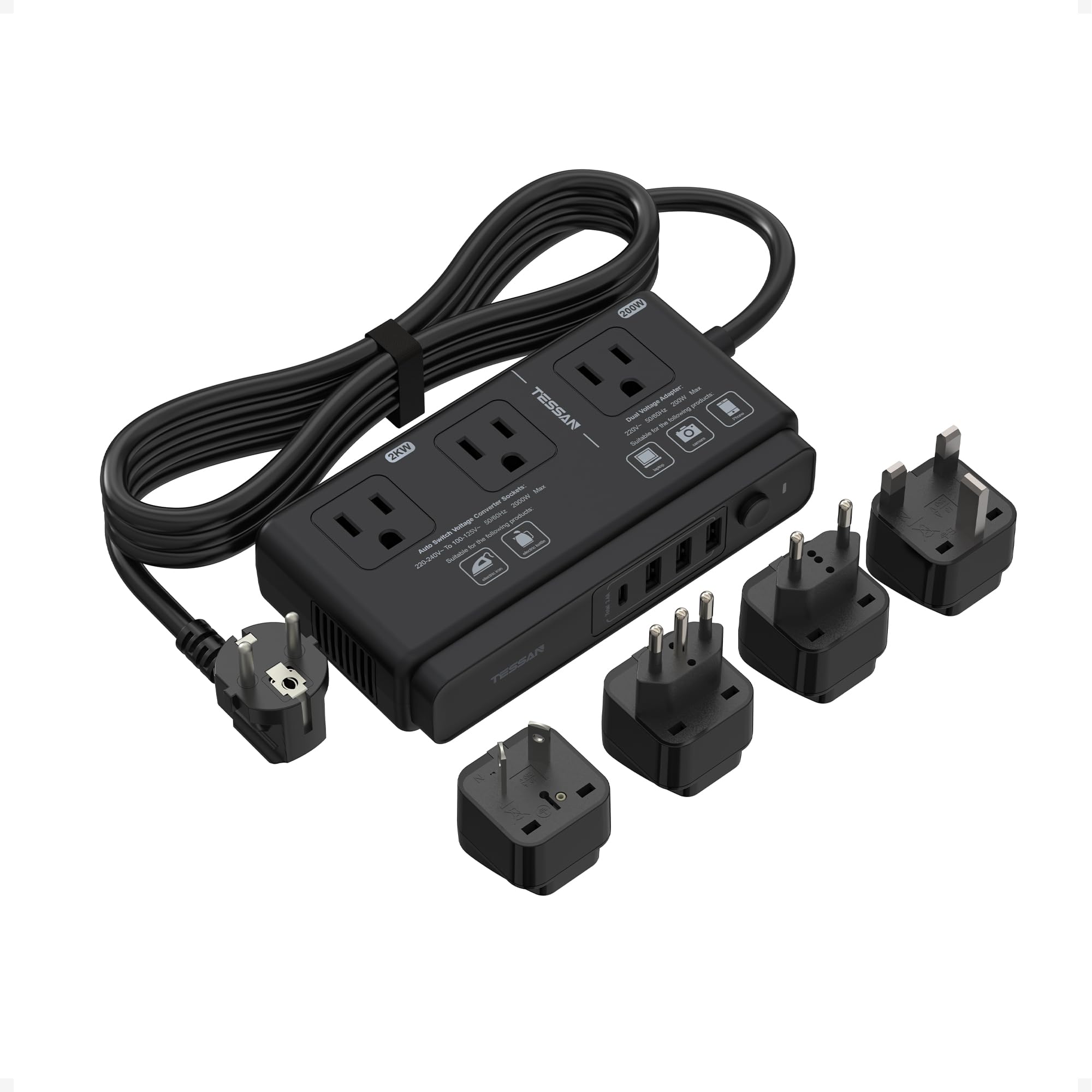 

Трансформатор для закордонних подорожей 220 В на 100 В TESSAN 4 USB порти USB Перехідник C BF O L тип SE тип зі шнуром-подовжувачем Закордонний чорний