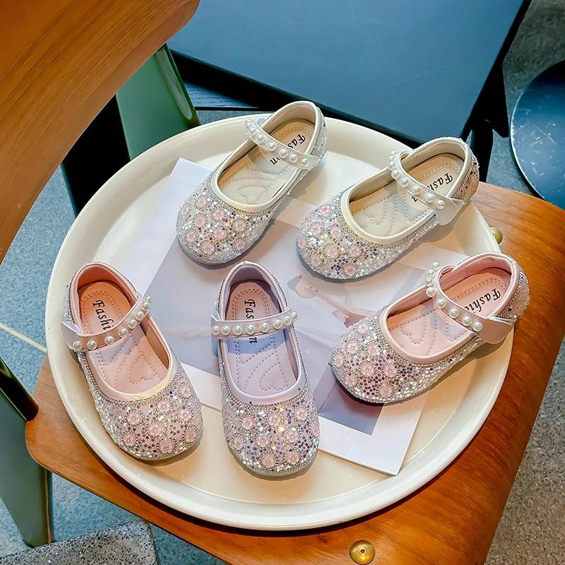 2024 Children Leather Shoes for Girls Summer Autumn New Fashion Soft Sole Comfortable Princess Rhinestone Versatile Dress Shoes