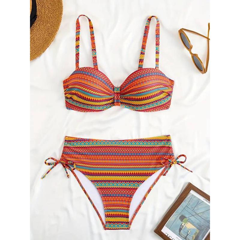Print Bikini Sets Tie Side Cut Out High Waist High Cut Two Pieces Swimsuit Women's Backless Swimwear Bathing Suits