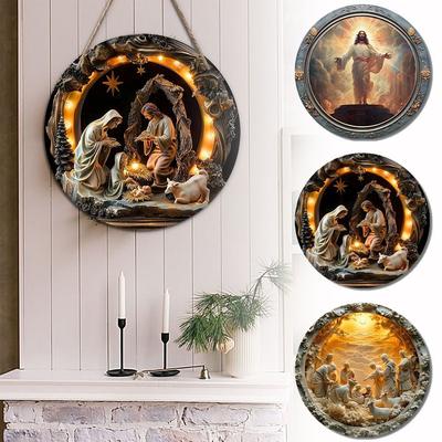 Wood Party 2D Flat Jesus Birth Pendant Wooden Ornaments Nativity Scene Decoration Relief Effect Sign Hanging Pendant for Door, Wall, Home, Room,