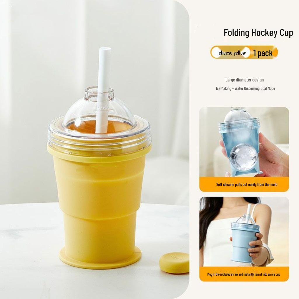 Portable Folding Ice Hockey Cup with Straw & Silicone Ice Cube Tray - Summer Outdoor Tumbler