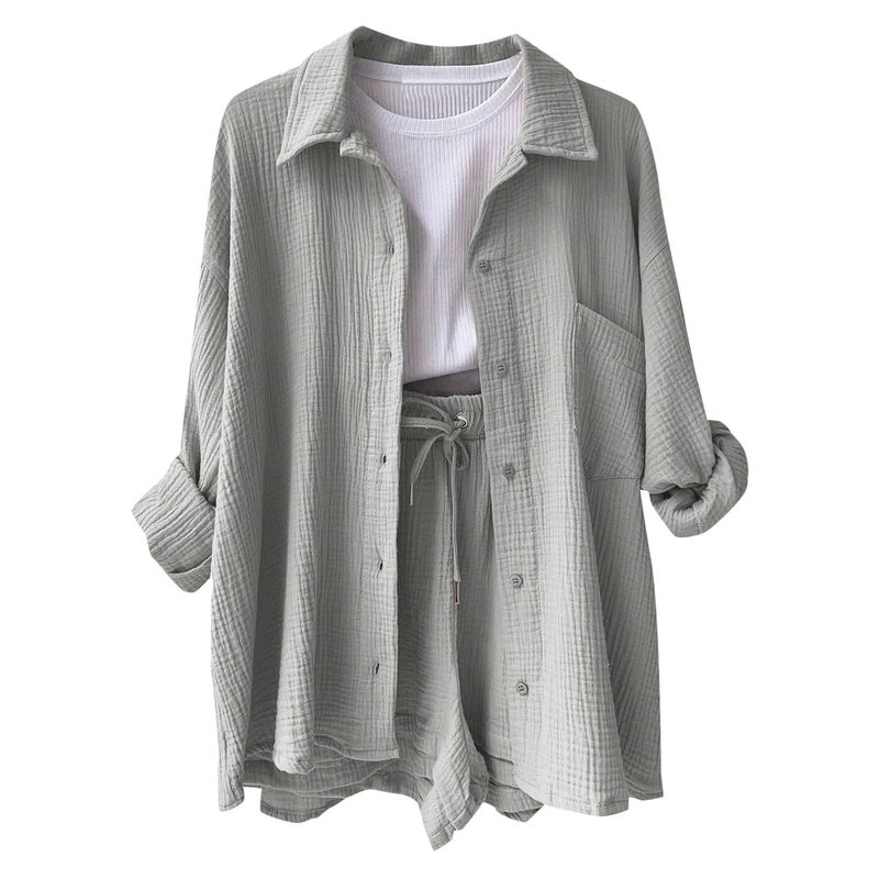 

Collar Shirt Drawstring Shorts Set Long Sleeves Lapel Shirt Drawstring Shorts Suit GRAY M