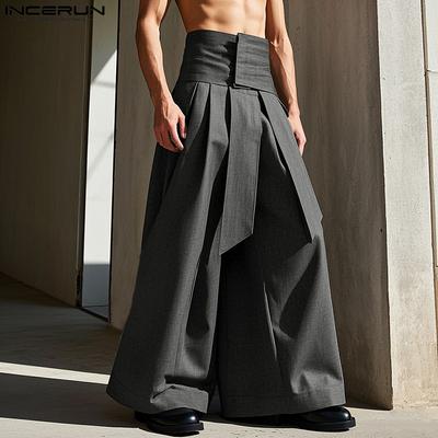 Pantalones de hombre de cintura alta con cremallera, botones, lisos, sueltos, informales, con volantes, largos y anchos 
