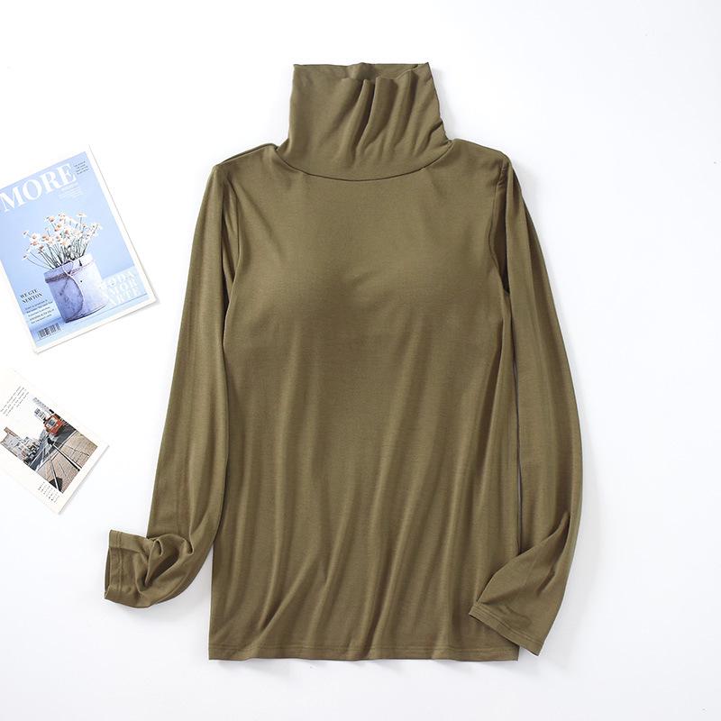 Modal Padded High Neck Long Sleeve Slimming T-Shirt with Built-in Bra for Women - Autumn/Spring.