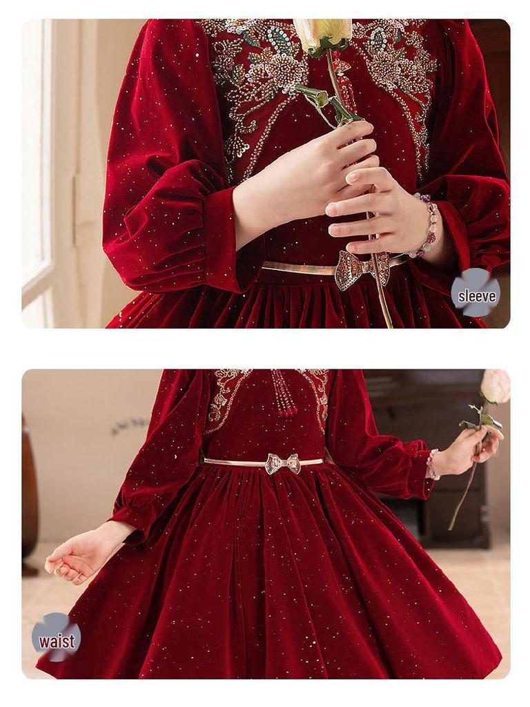 Korean Silver Fox Velvet 410g Girls' Formal Princess Dress - Autumn/Winter New Year's Gown