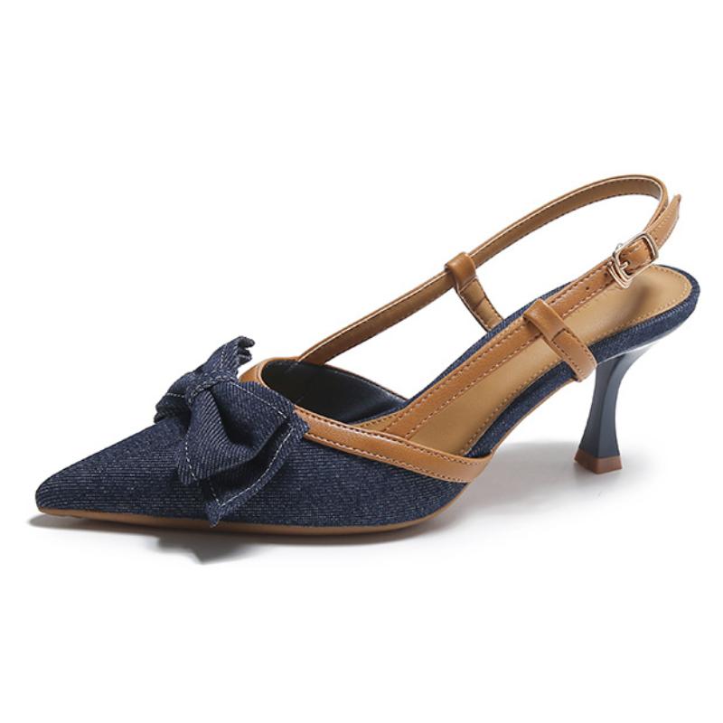 

Fashion Denim Bow knot Women Sandals Pointed Toe Back Strap thin Heel Slide Sandals Summer Fashion Comfortable Buckle designer High Shoe 34