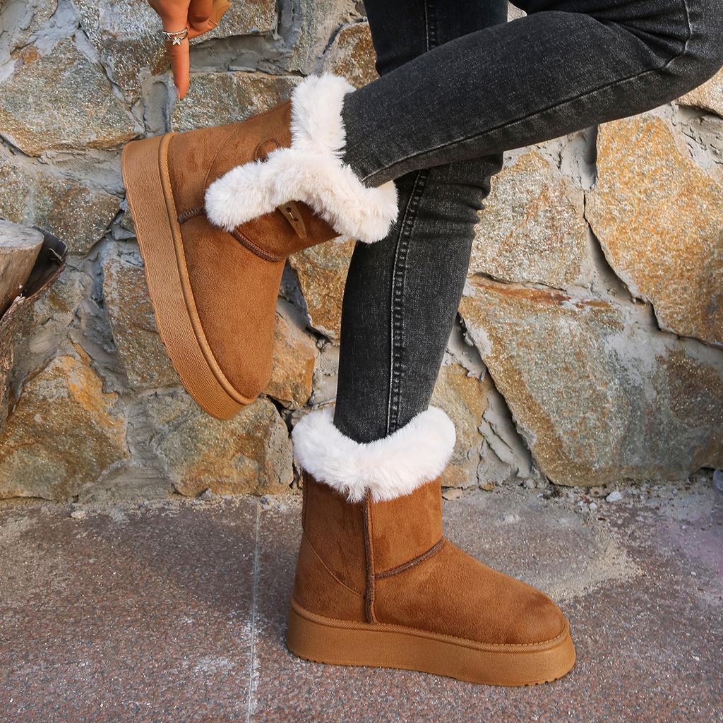 Warme Winterstiefeletten für Damen, rutschfeste Plateau-Schneestiefel mit Fellfutter, Bailey-Knopf, kurze Stiefel für Damen, bequeme Booties aus Fleece-Wildlederimitat
