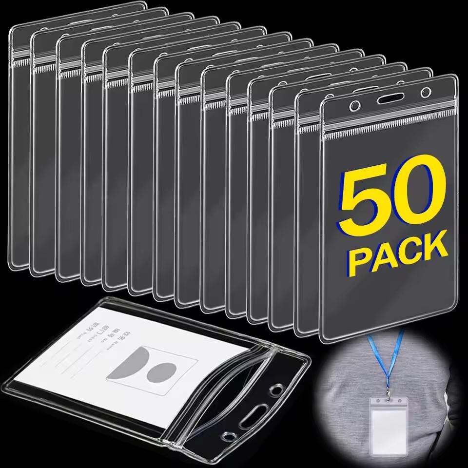 1/50Pcs Waterproof Transparent Card Holder Name Tag ID Badge Holder Protectors Vertical Sleeve Pouch Office School Supplies