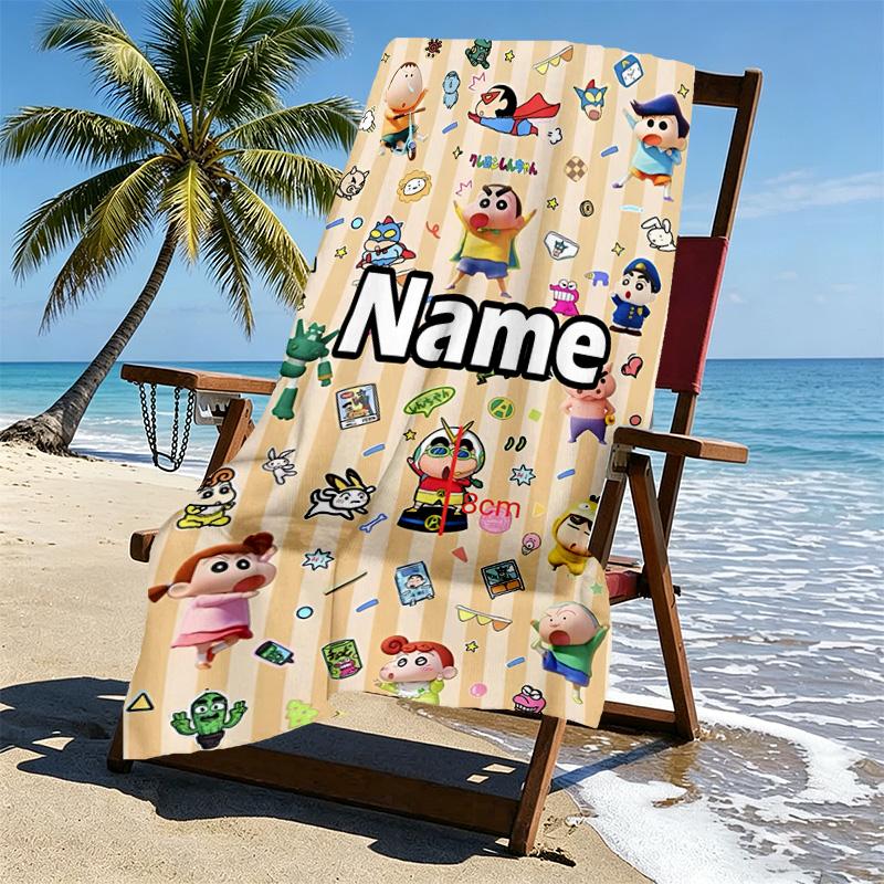 Custom Name Personalized Crayon Shin Print Beach Towel, for Trip Camping Beach Party Home Decor, Birthday Gift for Family & Friends