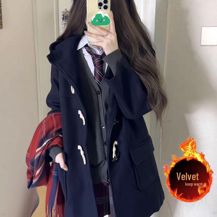 Petite Japanese-Style Woolen Coat with Cow Horn Buckle - Autumn/Winter JK Academy Medium-Length with Fleece