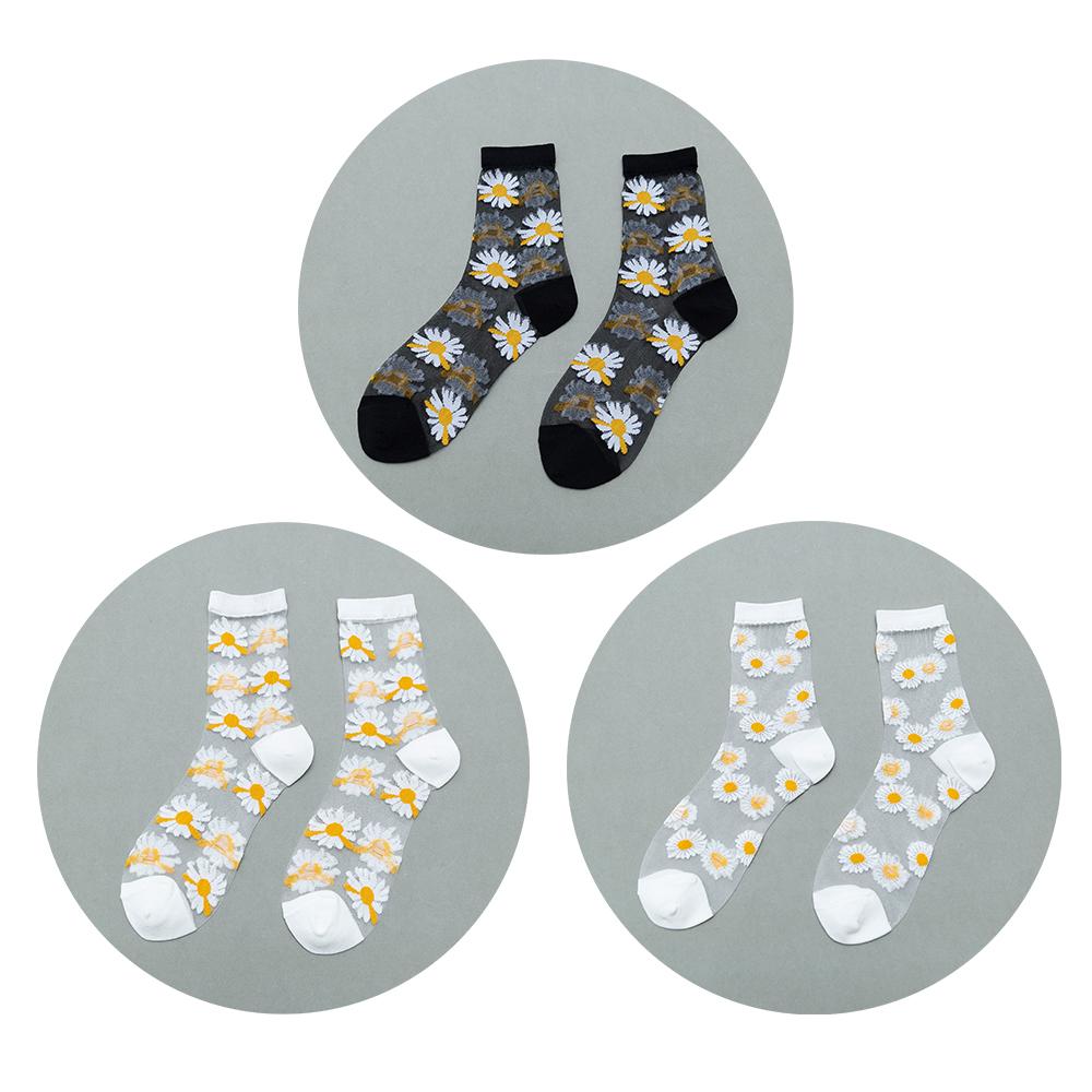 3 Pairs Of Women's Flower Socks Summer Crystal Glass Stockings Medium Short Tube Thin Transparent Daisy  Jacquard Elastic  Socks