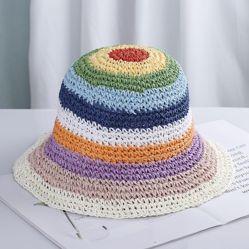 2021 Womens Straw Hat Rainbow Crochet Hand-made  Panamas UV Protection Sun Visor Beach Hats Women Visors Foldable Summer Sun Hat