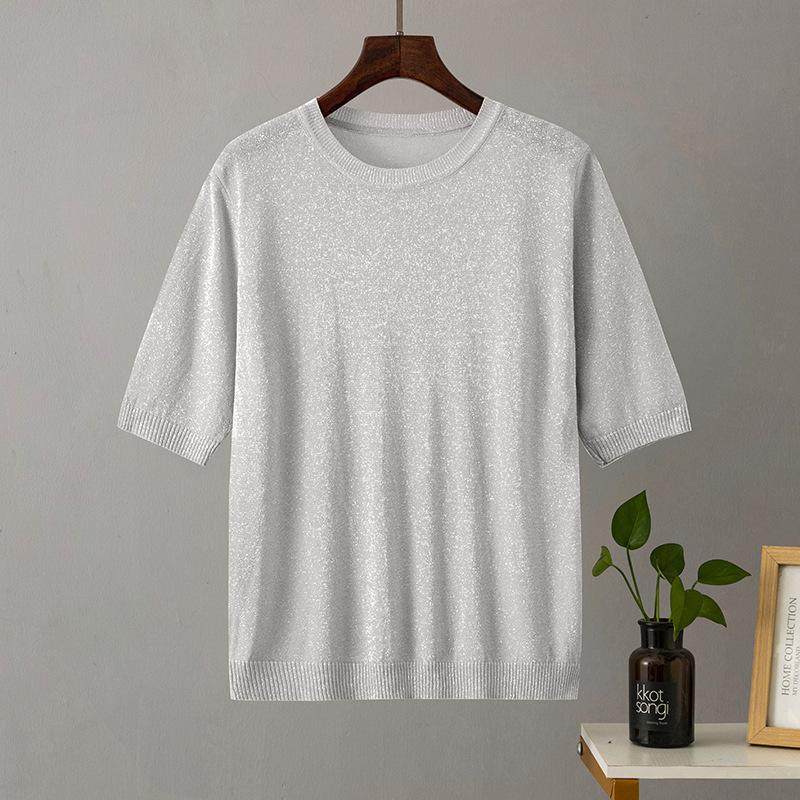 Sommer Damen Helles Seide Kurzarm Einfarbig Locker Dünn Rundhals Vielseitiges Halbarm Strick-T-Shirt