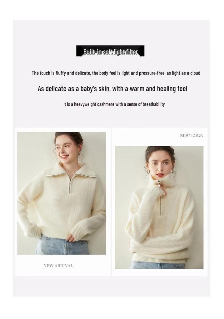 Women's Cashmere Stand Collar Zipper Sweater - Loose Fit Pullover & Cardigan