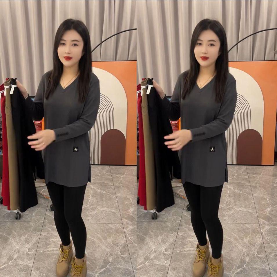 Plus Size Women's Double-Sided Velvet & Fleece Split Sleeve Autumn Winter Slimming Base Layer Top