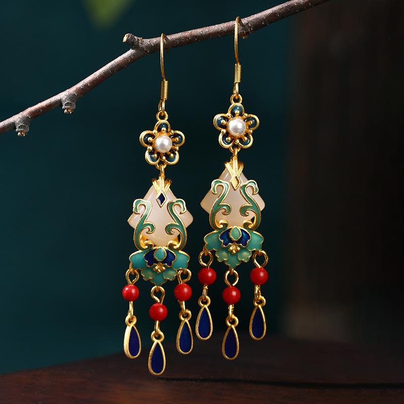 Gold Plated Imitation Jade Earrings For Women, Exquisite Long Style, Niche Design, Antique Style Jewelry Gift