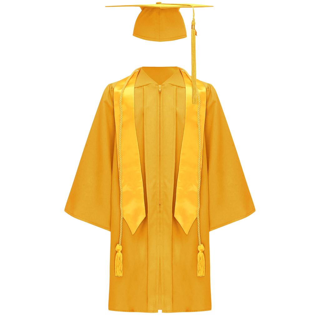 Unisex Kids Graduation Gown Set V Neck Long Sleeve Front Zipper Robe Academic Hat Stole Tassel Ceremony Outfit